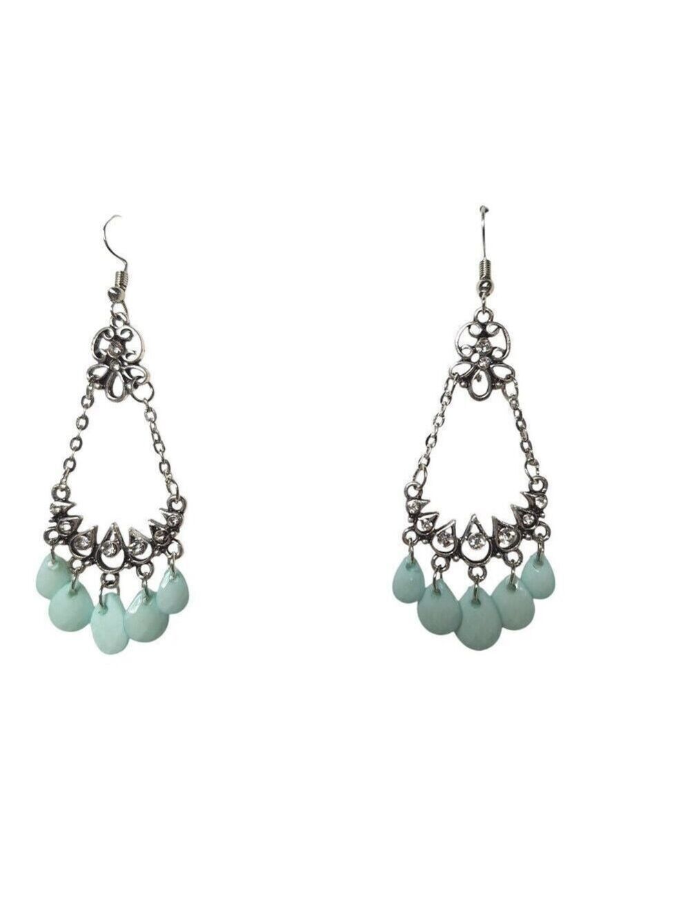 Turquoise Silver Tone Dangle Earrings Boho Southwest Jewelry